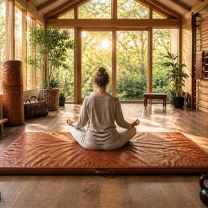 Luxury leather gym mat in high-end home yoga studio, woman meditating on vintage buffalo leather mat, premium fitness and wellness space with natural light, wooden interior, plants, kettlebells and leather training equipment