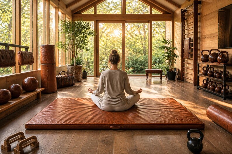 Luxury leather gym mat in high-end home yoga studio, woman meditating on vintage buffalo leather mat, premium fitness and wellness space with natural light, wooden interior, plants, kettlebells and leather training equipment