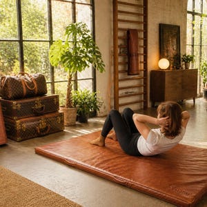 Luxury leather gym mat in premium home gym interior, vintage buffalo leather workout mat with engraved Florence detail, yoga and fitness training space with plants, natural light, and classic travel trunks decor