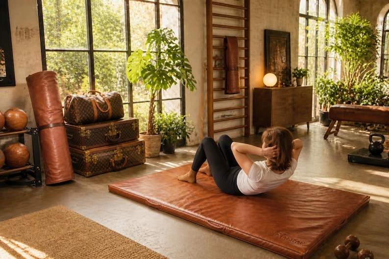 Luxury leather gym mat in premium home gym interior, vintage buffalo leather workout mat with engraved Florence detail, yoga and fitness training space with plants, natural light, and classic travel trunks decor