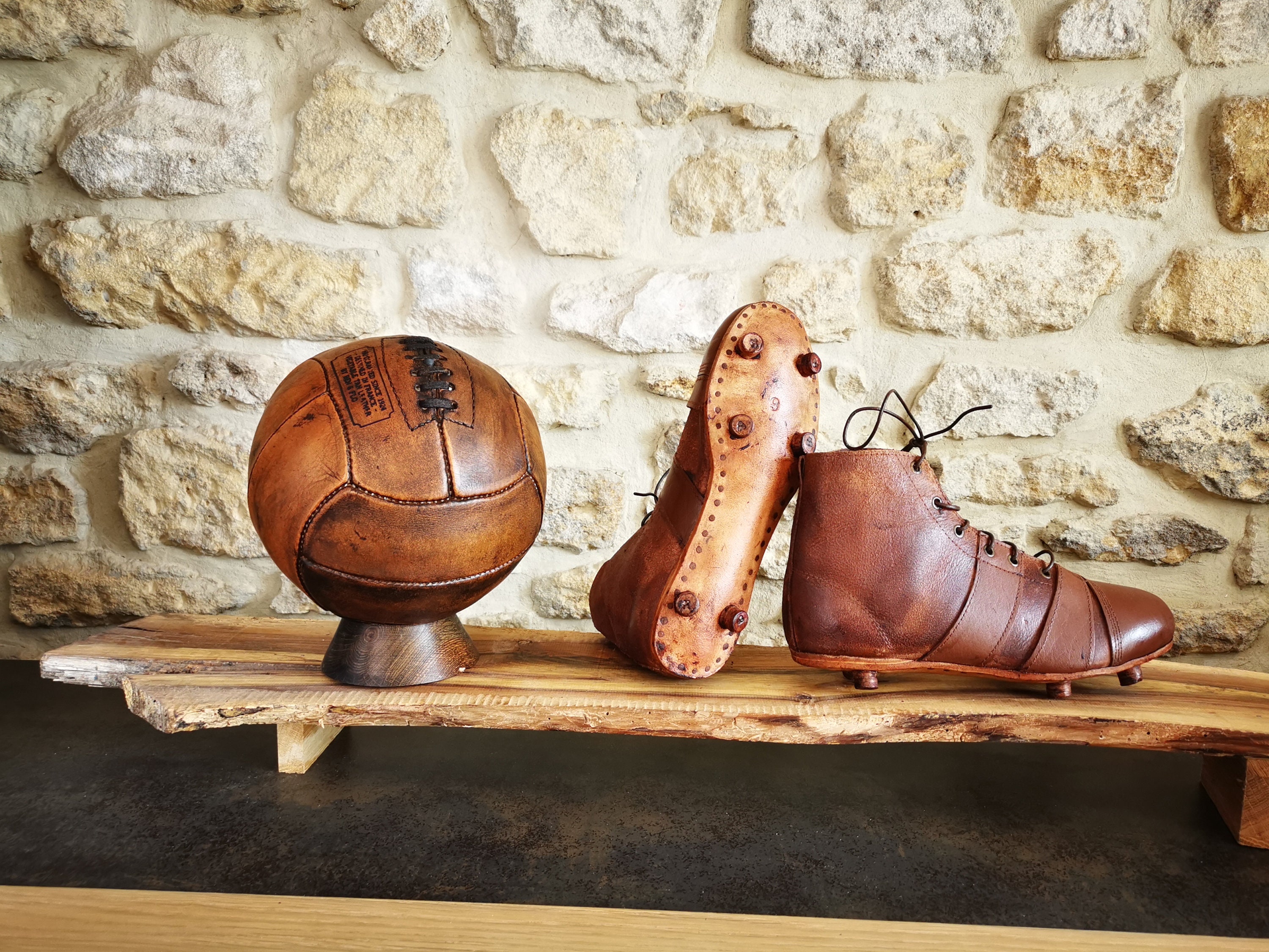 Bottes De Foot Anciennes Cuir – Vintage 1940 – Crampons Acier – Taille 10.5 Pouces