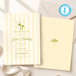 Può includere: Un invito a tema spiaggia con sfondo a righe e la scritta "WELCOME TO THE BEACH CLUB CELEBRATING Jack's Birthday." L'invito include data, ora e luogo. Il retro dell'invito presenta una piccola grafica a ombrello.