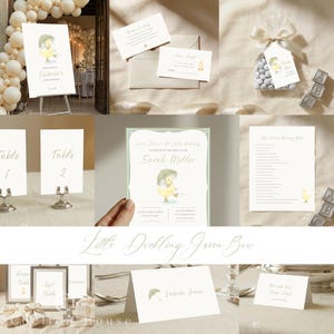 Puede incluir: Un conjunto de papelería para baby shower con temática de patito. Incluye invitaciones, tarjetas de mesa, etiquetas de agradecimiento y un letrero de bienvenida. La paleta de colores es suave, con acentos verdes y amarillos.