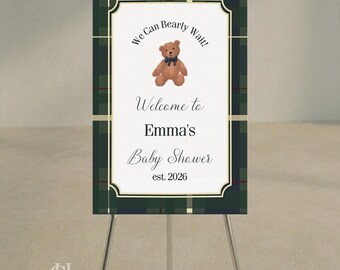 Plaque de bienvenue pour baby shower à carreaux ours en peluche (modèle imprimable)