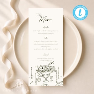 May include: A menu card with the text "the Menu" in a script font. The menu lists appetizers, entrees, and desserts. The bottom of the card features a line drawing of a floral centerpiece, candles, and table setting. The card is on a white plate.