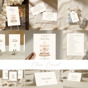May include: A selection of baby shower stationery featuring a carousel design. The set includes invitations, table cards, thank you tags, and a welcome sign. The colour scheme is soft beige and gold.