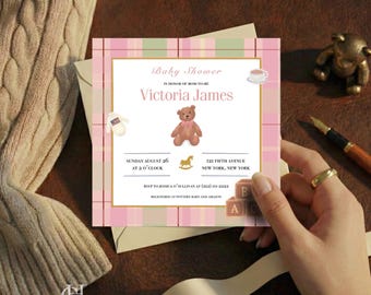 Polo Teddy Bear Baby Shower Invitation, Preppy Plaid 5x5 Two-Sided Editable Template