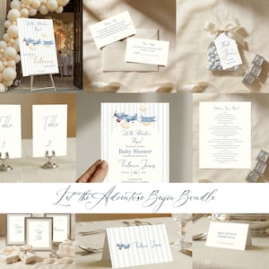 Let the Adventure Begin Baby Boy Shower Bundle | Vintage Watercolor Airplane & Blue Stripe Theme | Oh, Boy!