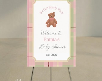 Pink Plaid Teddy Bear Baby Shower Welcome Sign, Editable Template (Digital)