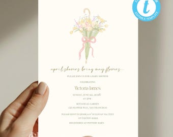 Les averses d'avril apportent des fleurs de mai Modèle d'Invitation pour baby shower (modifiable, imprimable, téléchargement numérique) - Parapluie vert avec noeud rose