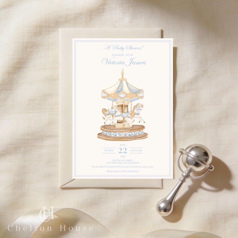 Silver Rattle Invitation Carousel Baby Shower Invitation Template (editable, Printable, Digital ...