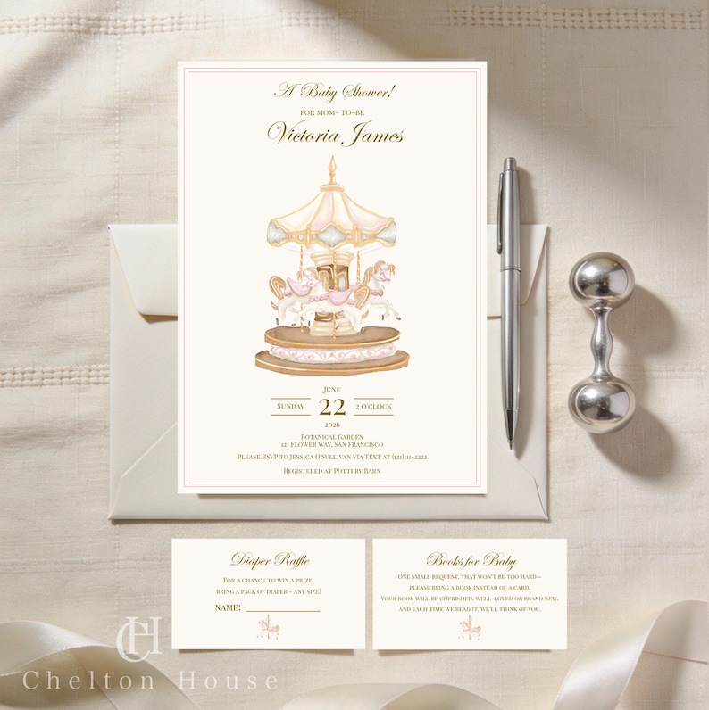 Pink Carousel Baby Shower Invitation Suite, Girl Merry Go Round Invite ...