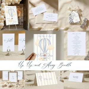 Paquete de baby shower "Up Up and Away", invitación con globo aerostático azul, baby shower de niño en acuarela, decoración clásica para fiesta preppy, editable