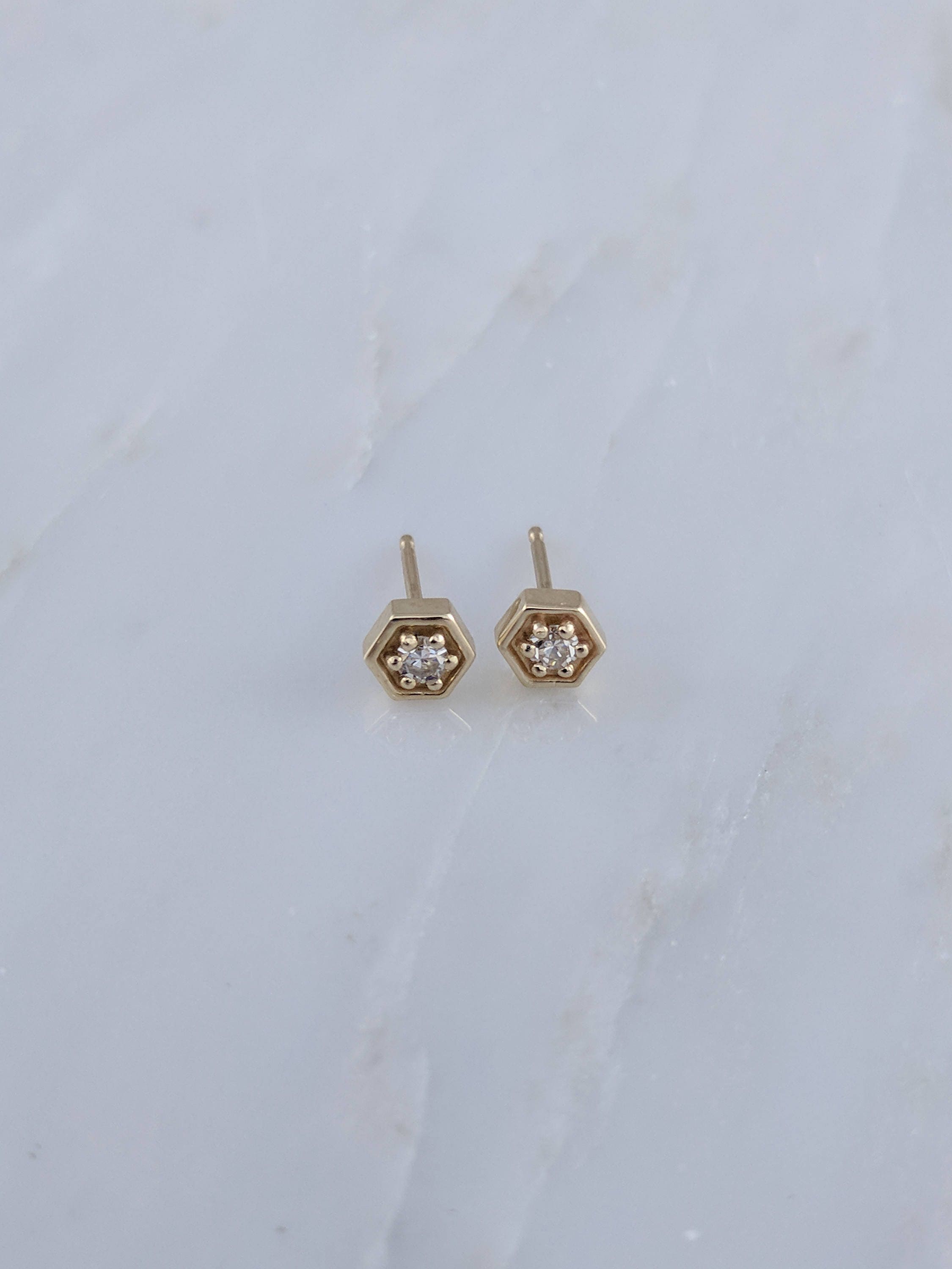 Tiny Diamond Hexagon Stud Earrings in 14K Yellow Gold Gold - Etsy Israel