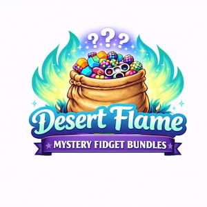 May include: A logo for "Desert Flame Mystery Fidget Bundles" features a tan sack overflowing with colorful fidget toys. The logo includes blue flames, question marks, and a banner with text. The overall design is vibrant and playful.