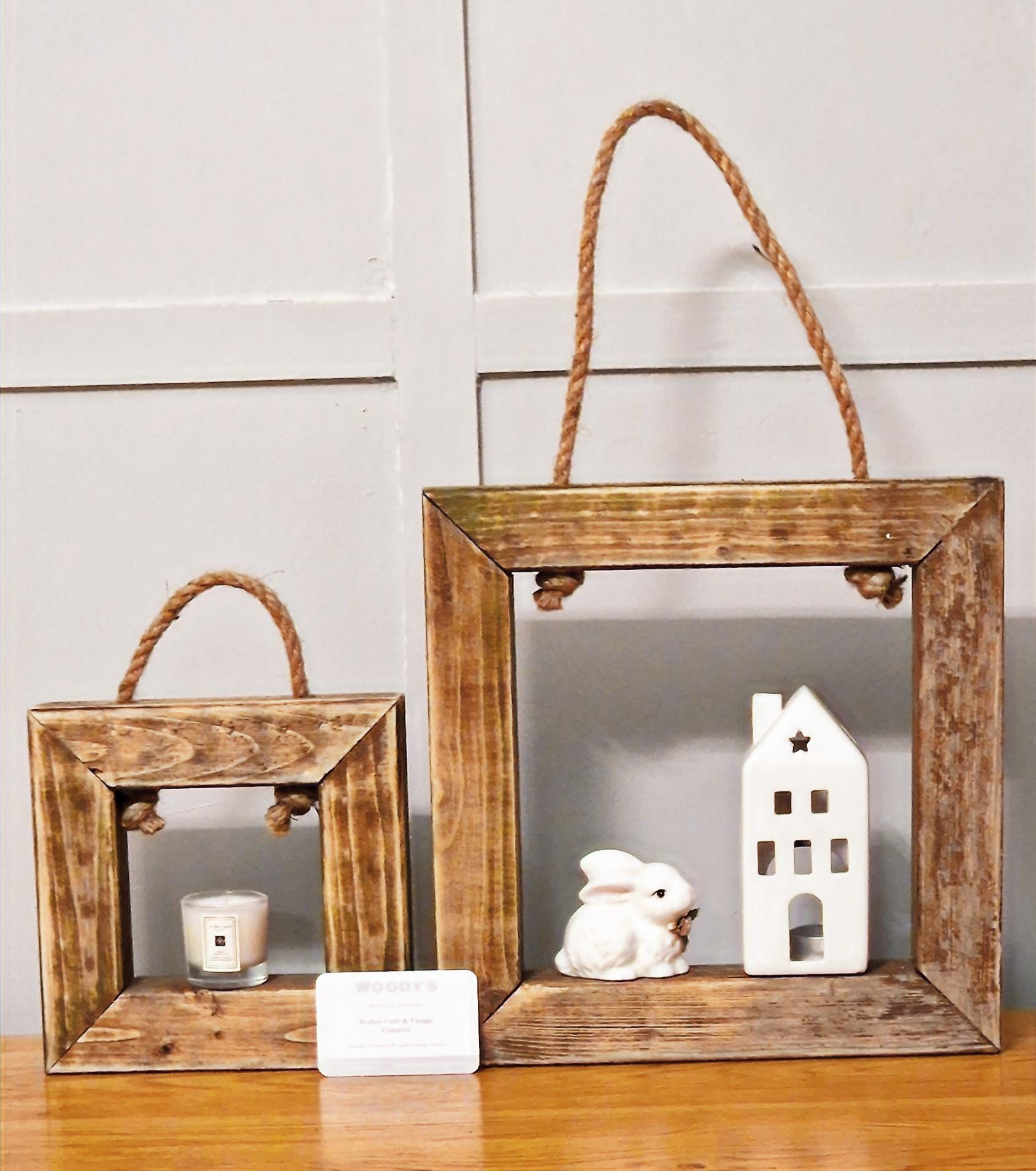 Reclaimed Wood Hanging Frames – Rustic Rope Shelves, Farmhouse Decor ...