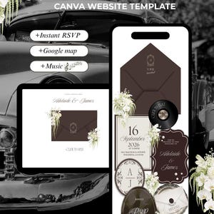 Könnte beinhalten: Eine digitale Hochzeits-Website-Einladungsvorlage mit einer braunen Umschlag-Grafik, weißen Blumenarrangements und Text, einschließlich "Wedding Website Invitation", "Canva Website Template", "Adelaide & James" und "16 September 2026".