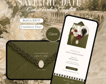 May include: A digital Save the Date Canva website template featuring an olive green envelope with lace trim and a wax seal. The mobile interface displays wedding invitation details, a countdown timer, and RSVP buttons with text in white and dark green.