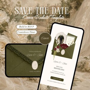 Modern Olive Green Save the Date Website, Canva Digital Wedding Invitation with RSVP, Instant Download