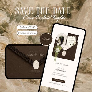 May include: A digital Save the Date Canva website template featuring a dark brown envelope with lace trim and a wax seal. The design includes text reading Save the Date, Build in RSVP, Countdown Timer, Luca & June, and Join us in Montecito.