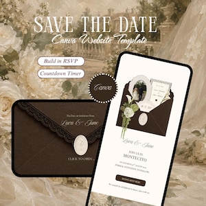 May include: A digital wedding invitation template featuring a dark brown envelope with lace trim and a wax seal. The design includes text reading SAVE THE DATE, Canva Website Template, Build in RSVP, Countdown Timer, Luca & June, and JOIN US IN MONTECITO.