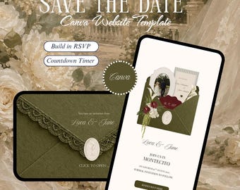 Modern Olive Green Save the Date Website, Canva Digital Wedding Invitation with RSVP, Instant Download