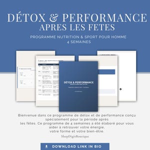 Peut inclure: Publicité numérique pour un programme de détox et de performance après les fêtes. L'annonce présente un livret bleu et plusieurs documents. Le programme est un plan de nutrition et de sport sur 4 semaines. Le texte comprend "DOWNLOAD LINK IN BIO".