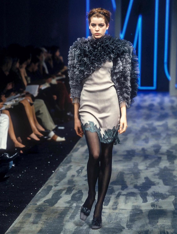 Moschino, Moschino F/W 1998 Runway Leather Wool Feather Puff Heels | Documented 90s Grey Pumps | 1990s Couture Vintage Archive | Gray Shoes Size 7 6.5
