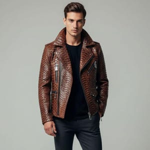 Blouson motard en python king marron fait main, manteau moto en cuir exotique pour hommes
