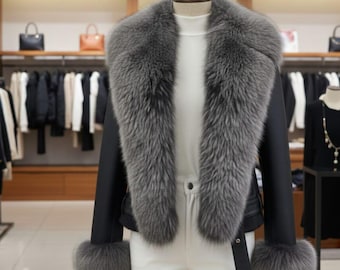 Women’s Lambskin Leather Jacket with Fox Fur Collar – Luxury Winter Fur Coat
