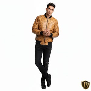 May include: A tan bomber jacket with a repeating logo pattern, black trim, and a zipper closure. The jacket is paired with black jeans and black shoes. The model is standing against a white background.