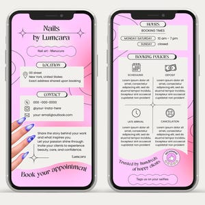 Peut inclure: Deux smartphones affichent une publicité rose et blanche pour "Nails by Lumeara". L'annonce comprend des coordonnées, des conditions de réservation et une main avec du nail art bleu. Le texte "Book your appointment" est en bas.