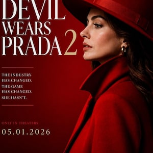 Puede incluir: Cartel de la película "El diablo viste de Prada 2" con Anne Hathaway con sombrero y abrigo rojos. Texto: "Fashion is Power. The Devil is Back." y fecha de estreno, 05.01.2026. Fondo rojo.