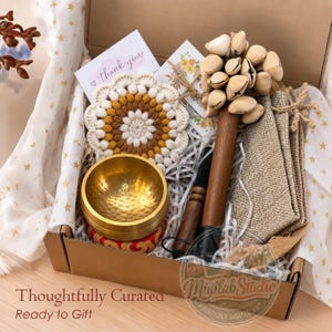 Mindful Natural Sound Gift Box,Brass Singing Bowl Shaker Set,Personalized Birthday Box,Housewarming Meditation Self Care hank You Gift Her