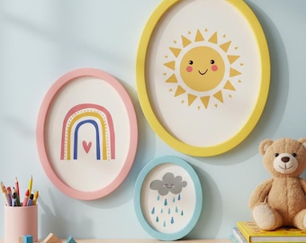 Set van 3 muurkunst kinderkamer – Sun Rainbow Cloud Prints | Kinderkamerdecoratie