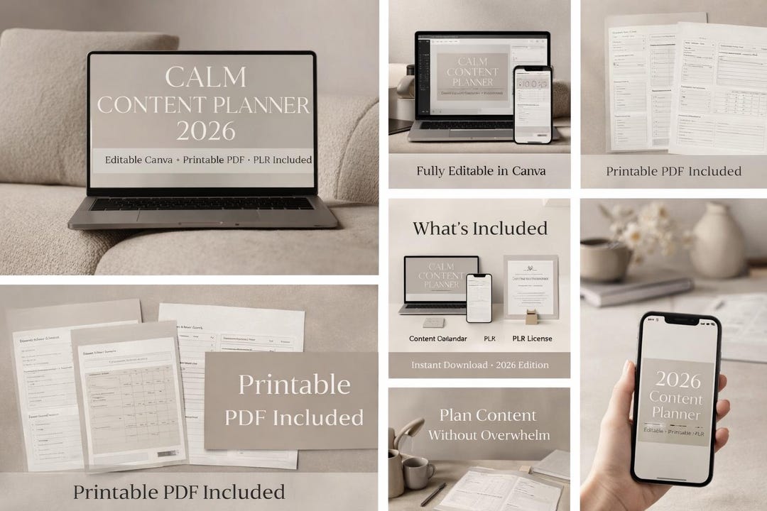 Calm Content Planner | Editable Canva Template (PLR) & Printable PDF - Etsy