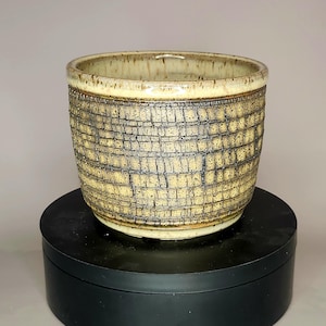 May include: A cylindrical ceramic planter featuring a textured exterior with a grid-like pattern in shades of tan and dark brown. The rim is smooth and glazed in a creamy off-white tone with subtle brown speckles, contrasting with the rougher body.