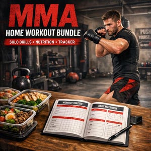 May include: An MMA home workout bundle with the text "MMA HOME WORKOUT BUNDLE SOLO DRILLS + NUTRITION + TRACKER". The image shows a person boxing, meal prep containers, and a workout tracker.
