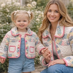Women Medium and little girl 2T Wedding Ring Upcycled Antique Quilt Jackets.