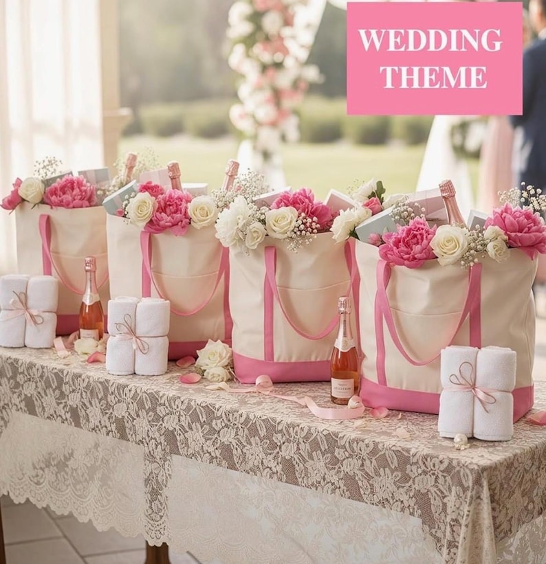 May include: Four cream-colored canvas tote bags with pink trim, each filled with white and pink flowers, small gift boxes, and a bottle of rose wine. Each bag is accompanied by a stack of two white folded towels tied with a pink ribbon.