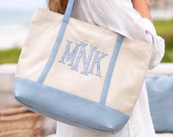 Personalized Blue Toile Appliqué Monogram Canvas Boat and Tote Style Bag – Zipper Market Bag
