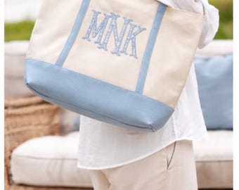 Custom Toile Monogram Market Boat and Tote Style Bag – Personalized Blue Floral Tote