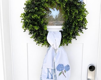 Personalized Monogram Door Double Sash – Embroidered Hydrangeas with Checked or Toile Fabric