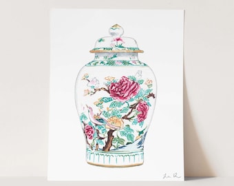 Art Print Rose Famille Ginger Jar No. 1 Chinoiserie Chic Watercolor Painting Floral Pattern Asian Antiques