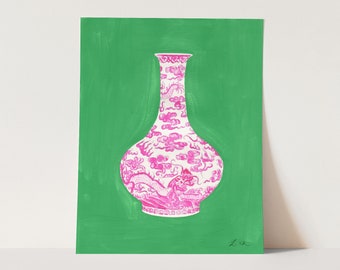 Art Print Pink Ginger Jar on Kelly Green Background No. 3 Chinoiserie Vase Southern Decor Preppy