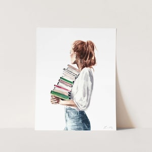 Art Print Library Girl - Book Art Print, Book Print, Book Wall Art, Book Lover Art, Reader Gift, Bookshelf Decor, Library Book Watercolor