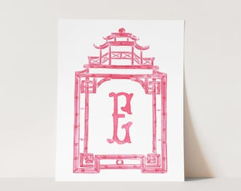 Pink Pagoda Custom Art Print, Personalized Initial Watercolor, Chinoiserie Painting, Palm Beach Style, Preppy Wall Decor, Grandmillennial