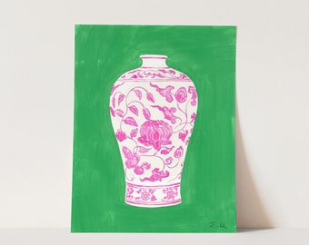 Pink Ginger Jar No. 4 Art Print, Kelly Green Home Decor, Chinoiserie Vase Painting, Southern Preppy Wall Art, Sorority House Watercolor Art