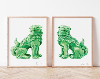 2 Art Prints Green Foo Dogs - Chinoiserie Art Prints, Southern Wall Decor, Preppy Art Print, Chinese Decor, Watercolor Painting, Fu Lion Art