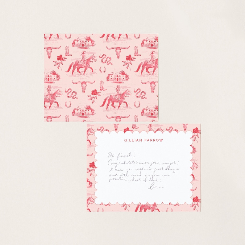 Vintage Pink Cowgirl Toile Stationery, Monogram Gift, Western Custom Notecards, Bespoke Stationery, Southern Preppy, Texas Bridesmaid Gift Bild 1